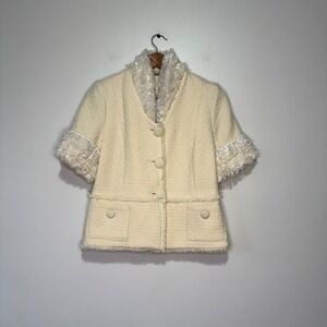 Fossil Cream Textured Short Sleeve Jacket Lace Trim Button Front Womens‎ L